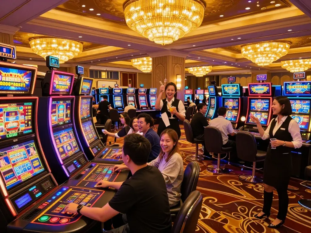 Players enjoying vibrant slot machines at mb88 casino, capturing excitement and strategic gaming action.