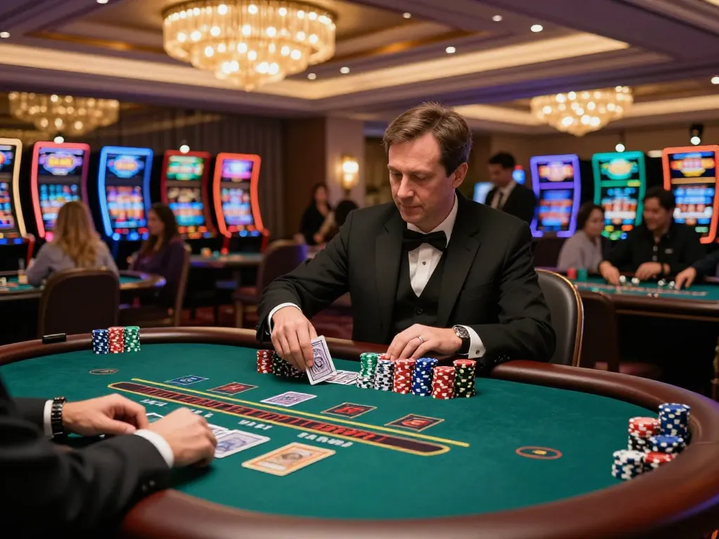 Engaged player making a strategic bet at Leci123 blackjack table with chips stacked high