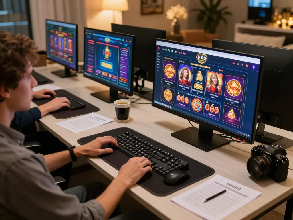 Engaging online gaming at g28 with multiple screens displaying casino games and strategic betting notes.