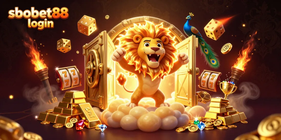 Simplify your sbobet88 login process with our engaging casino-themed scene filled with golden treasures and vibrant animations.