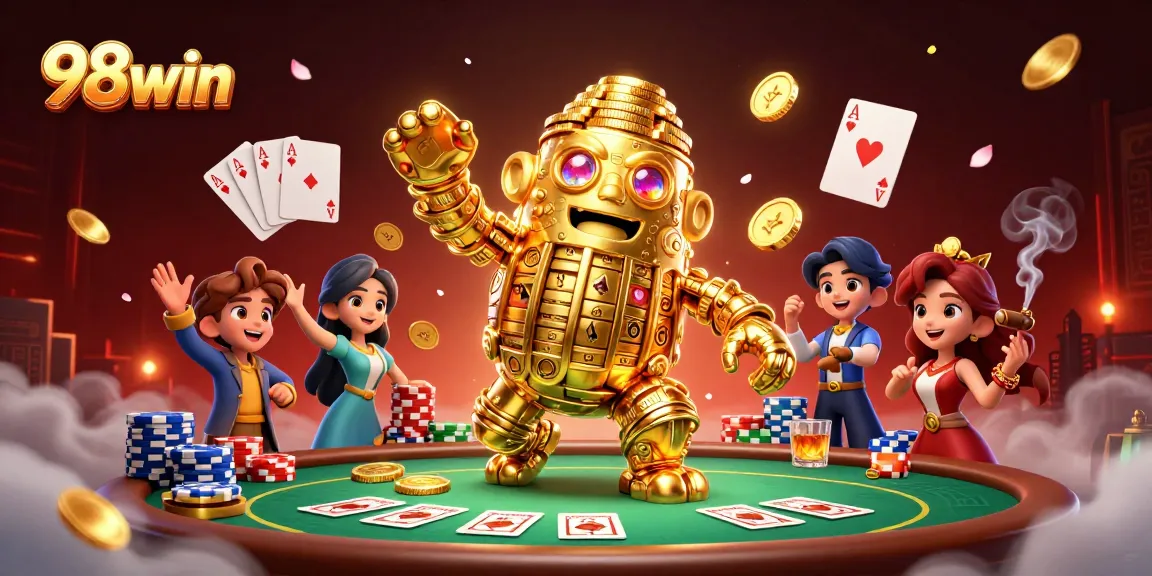 Experience thrills with 98win's exciting golem and casino elements in a captivating 3D illustration.