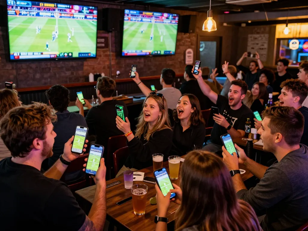 8LIVE app displayed on smartphones at a lively sports bar during live sports viewing, illustrating active betting engagement