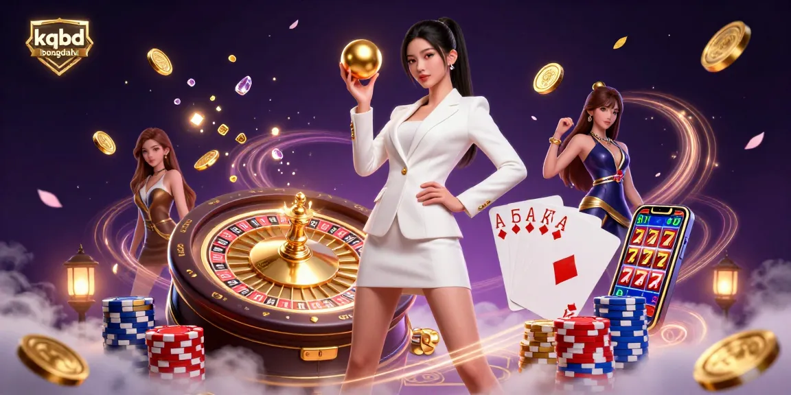 Watch the kqbd bongdalu results unfold with a stunning Asian woman holding a roulette ball, surrounded by vibrant casino elements.