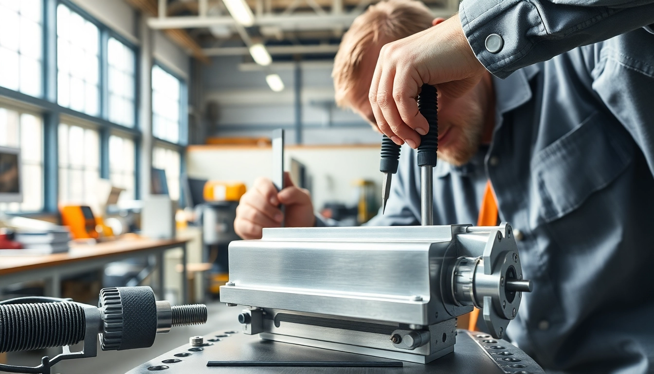 Inspecting aluminum prototypes in a modern workshop with tools and machinery.