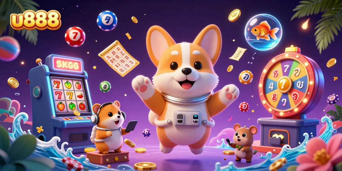 Experience thrilling games at u888, where a corgi astronaut plays in a dynamic space casino filled with vibrant elements.
