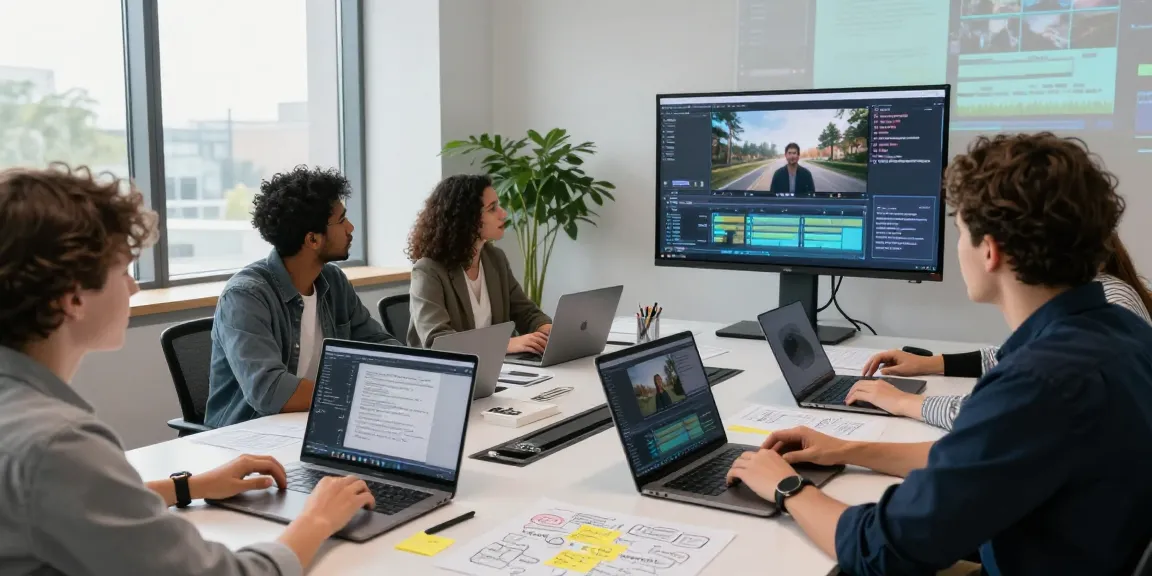 Collaborative team using prompt ai in a modern workspace with laptops and video analysis.