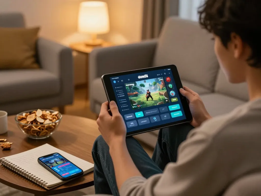 Engaged player enjoying done55 app on tablet in cozy home setting, showcasing online gaming.