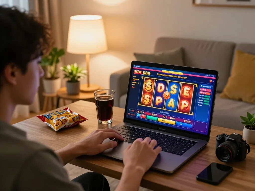 Engaging scene of a player enjoying situs slot games on a laptop in a cozy home environment, showcasing responsible online gambling.