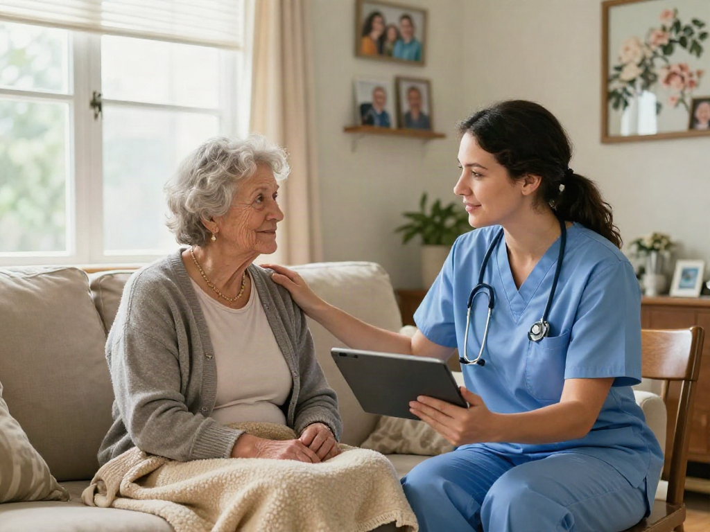 Home care professional assisting elderly client, promoting bonus new member benefits.
