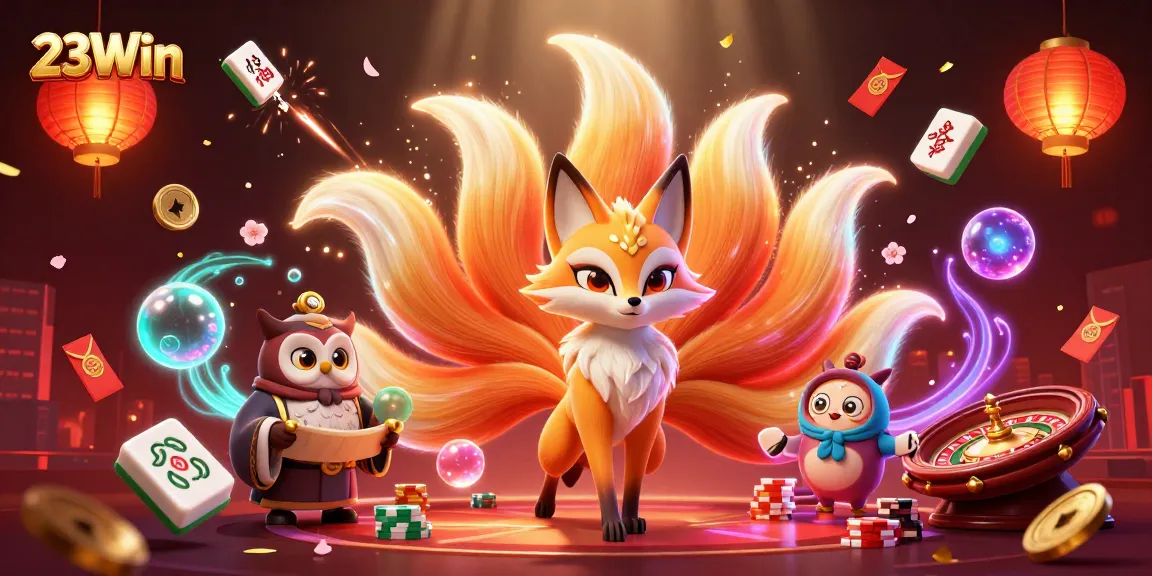 Experience excitement with 23Win in this vibrant 3D casino illustration showcasing mystical characters and gambling elements.