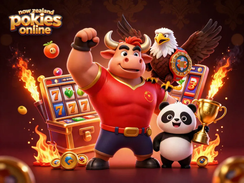 Win big with new zealand pokies online, featuring vibrant slot reels and celebrating mascots
