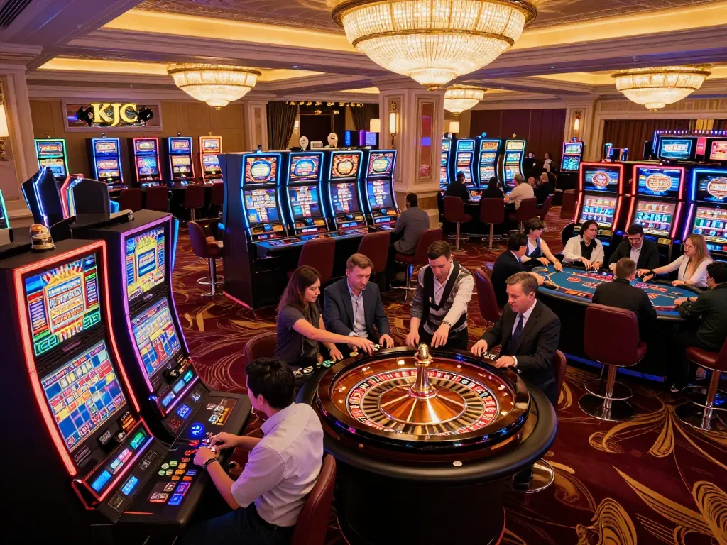 KJC casino floor buzzing with action, players engaged at vibrant slot machines and roulette tables.
