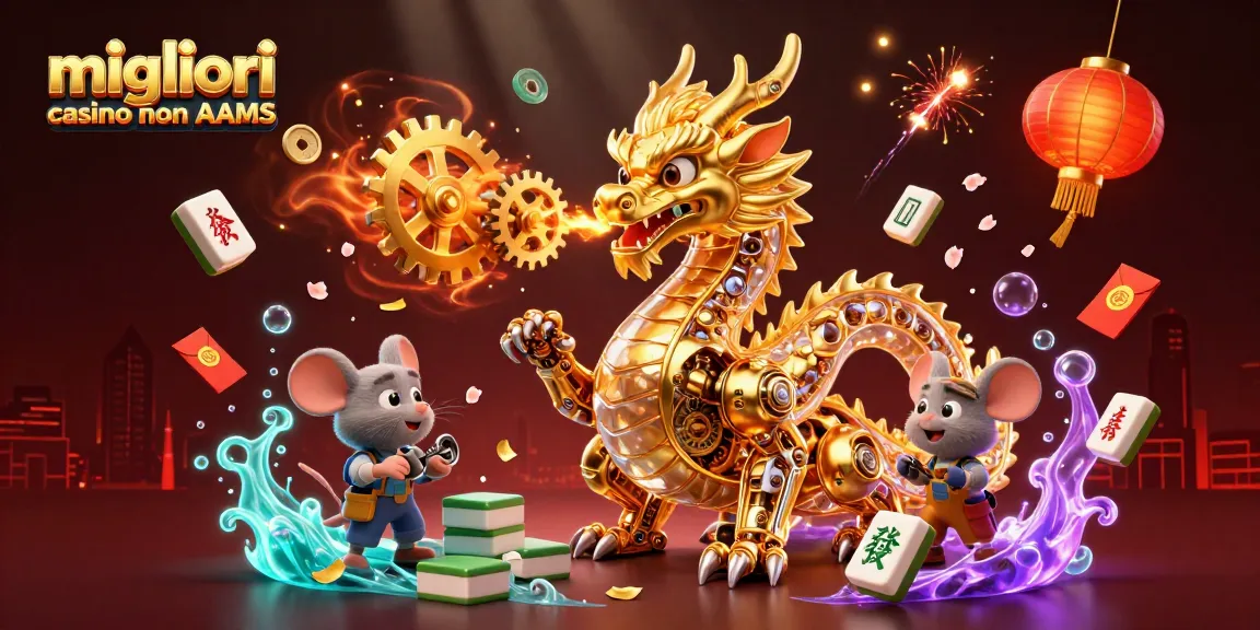 I migliori casino non AAMS mostrano un drago dorato meccanico in un ambiente vivace e festivo.