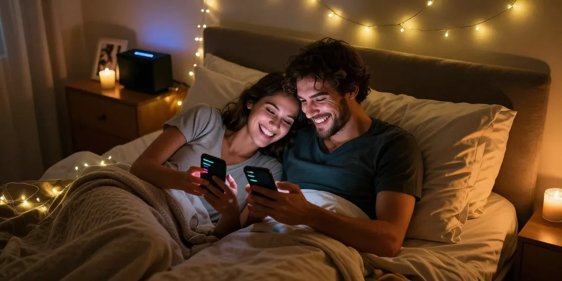 Sexting AI: Couple engaging in playful texting in a cozy bedroom environment.