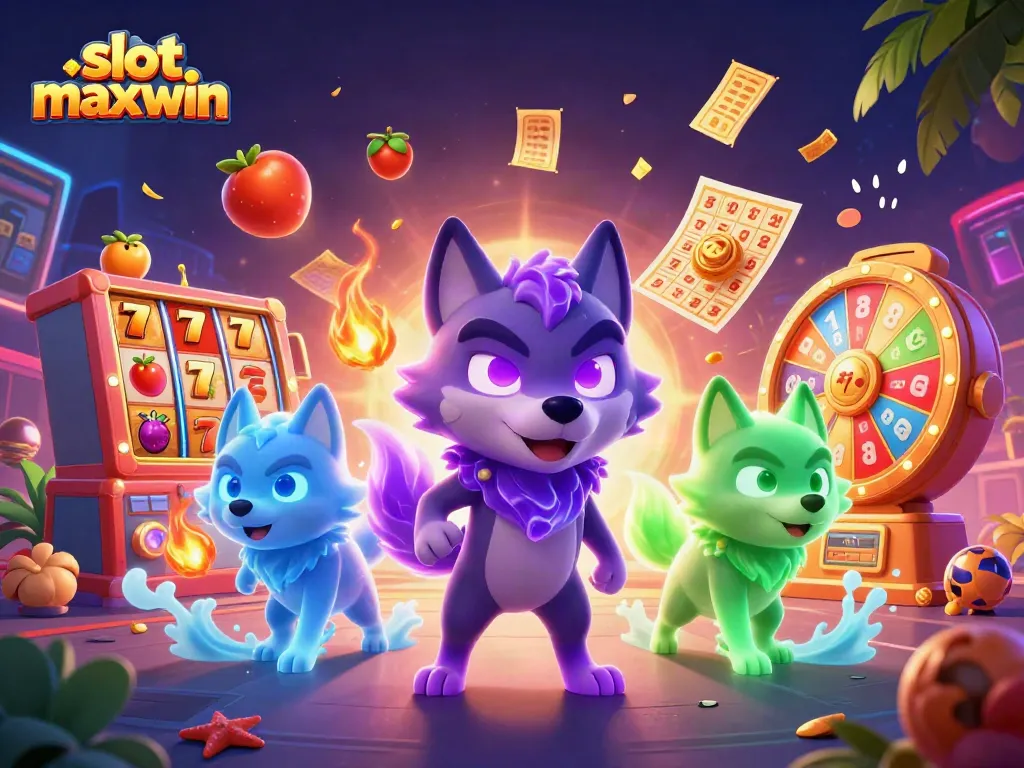 Experience the thrill of slot maxwin with vibrant slot machines and energetic wolf characters.