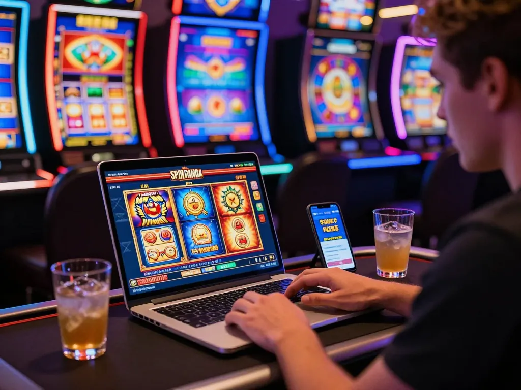 Player enjoying casino spinpanda live dealer game with vibrant graphics and a refreshing drink