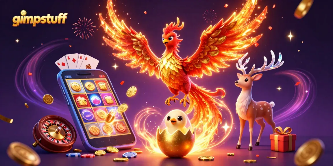 Spin winning slots with gimpstuff featuring vibrant phoenix, dynamic game elements and celebratory effects.
