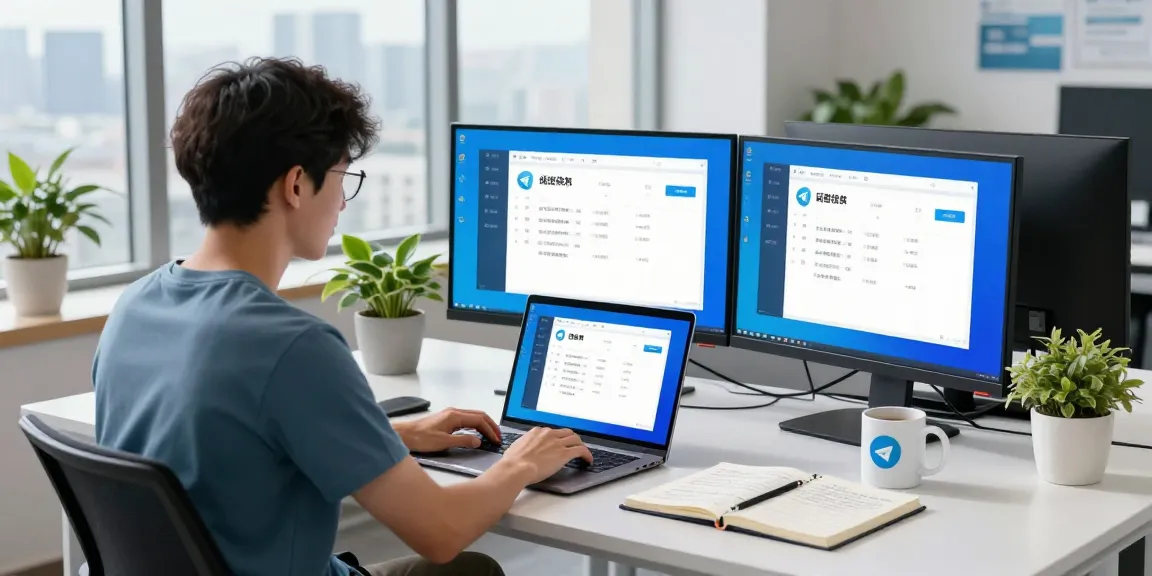 Professional workspace with a young developer customizing telegram中文 interface on dual monitors, showcasing a modern tech atmosphere.