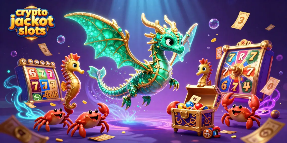Engage with crypto jackpot slots as a vibrant sea dragon floats among colorful game elements.