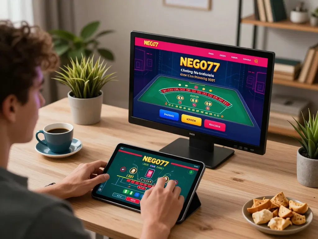 Engaged player enjoying NEGO77 online casino gaming on a tablet in a cozy home environment.