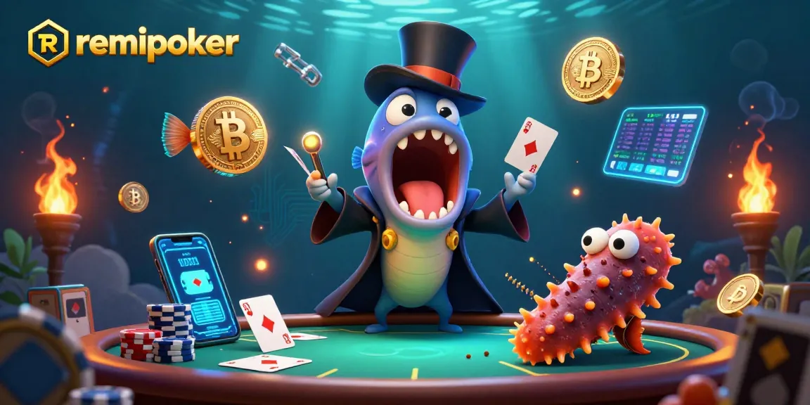 Engage with RemiPoker's thrilling poker experience, highlighted by deep-sea characters performing card tricks.