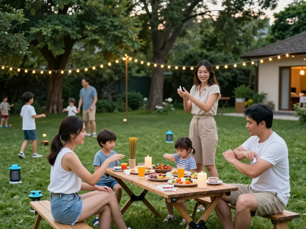 Family applying mosquito repellent while enjoying a summer barbecue outdoors.
