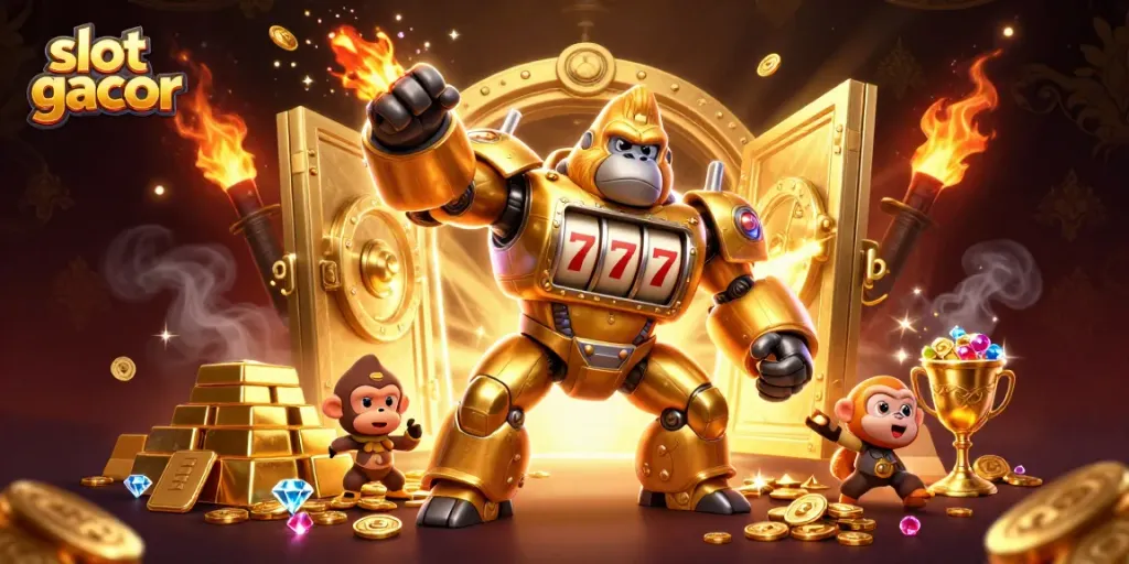 Spin to win with slot gacor in this dynamic 3D gambling scene featuring golden gorilla mech.