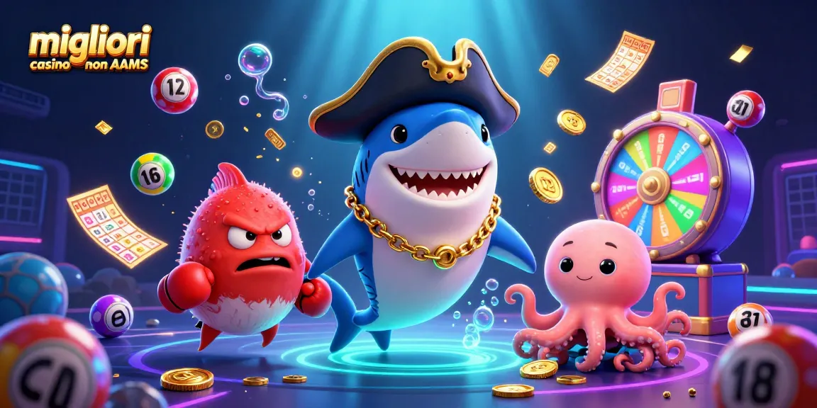 Migliori casino non AAMS: divertiti con l'illustrazione di un pescecane pirata, un pesce puffer e un polipo con monete d'oro.