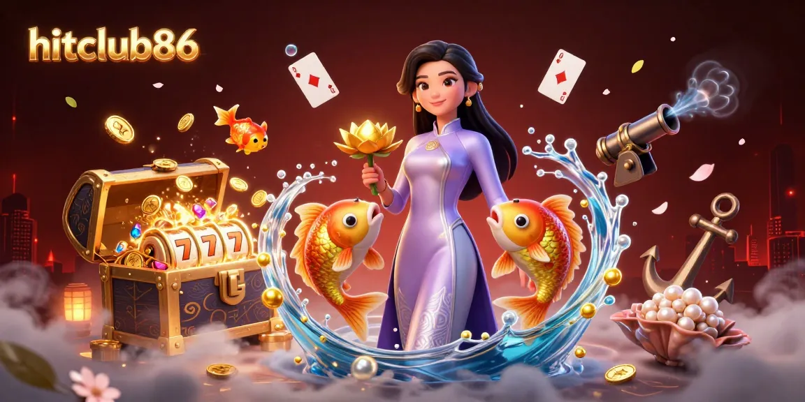 Hitclub86 welcomes players with dazzling slot reels and rich rewards in this vibrant casino illustration.