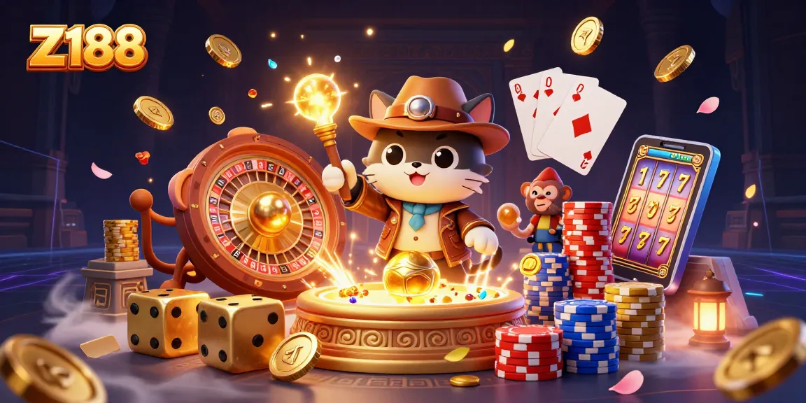 Z188 - Explore thrilling casino adventures with an archaeologist cat and golden artifacts amidst vibrant game elements.