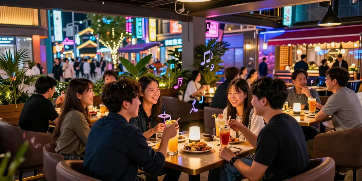 Patrons enjoying nightlife at 상봉동 한국관나이트, cocktails and vibrant decor in a bustling bar atmosphere.