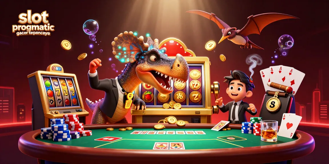 Slot pragmatic gacor terpercaya: ilustrasi 3D slot dengan karakter dinosaurus menarik jackpot.