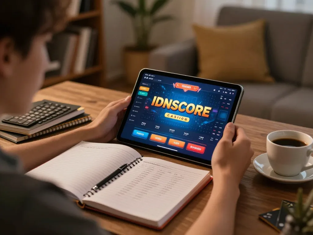 IDNSCORE online gaming setup with player focused on tablet and strategic notes.