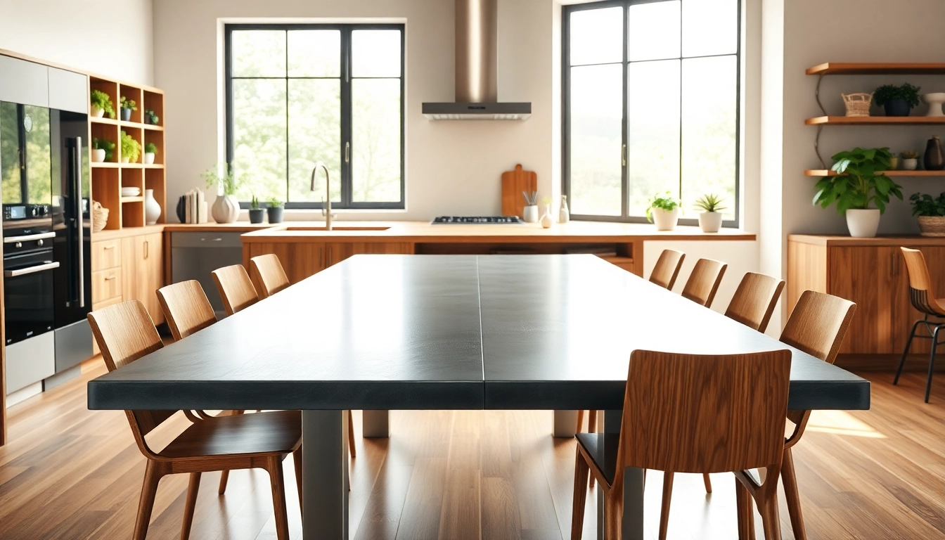 Modern steel table for kitchen showcasing sleek design and inviting decor.