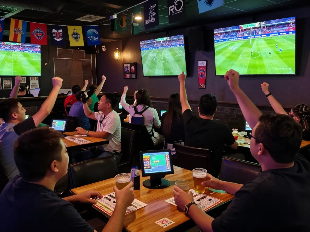 Socolive streaming live soccer matches in an exciting sports bar atmosphere.