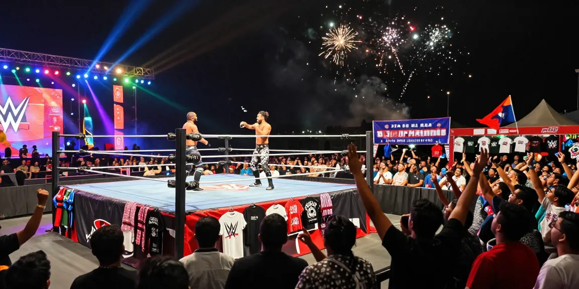 WWE Saudi Arabia event with fans cheering and wrestlers performing in a vibrant stadium setting.