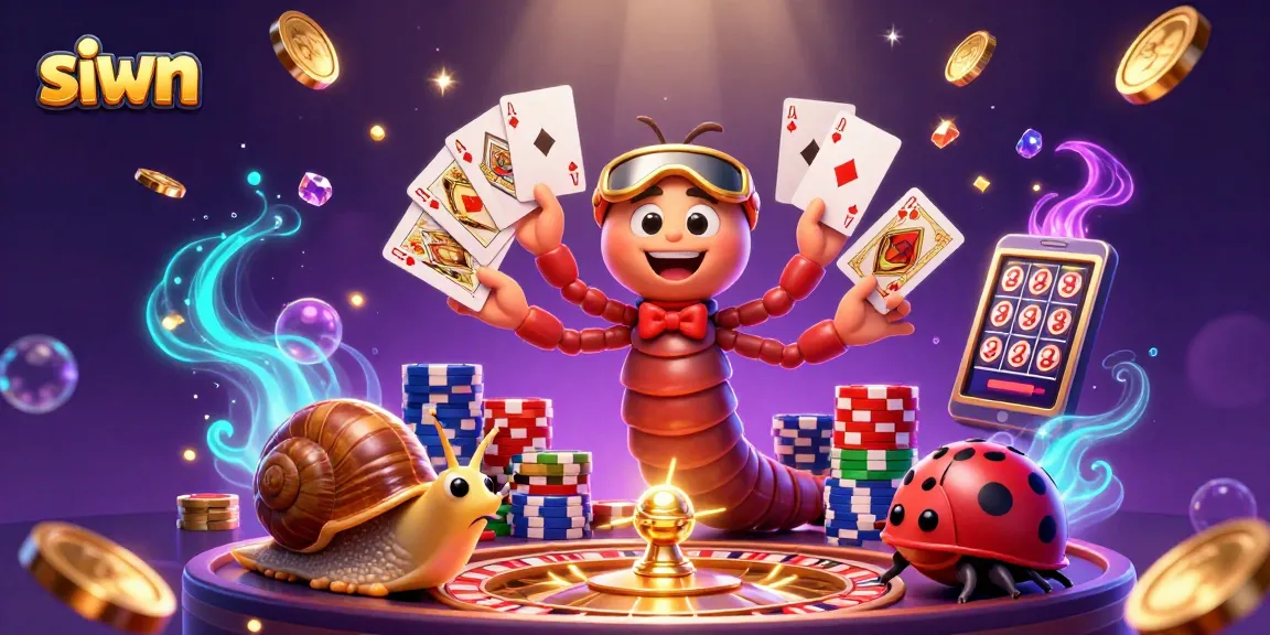 Experience siwn’s vibrant 3D casino illustration with animated characters dealing cards and chips amidst dazzling effects.