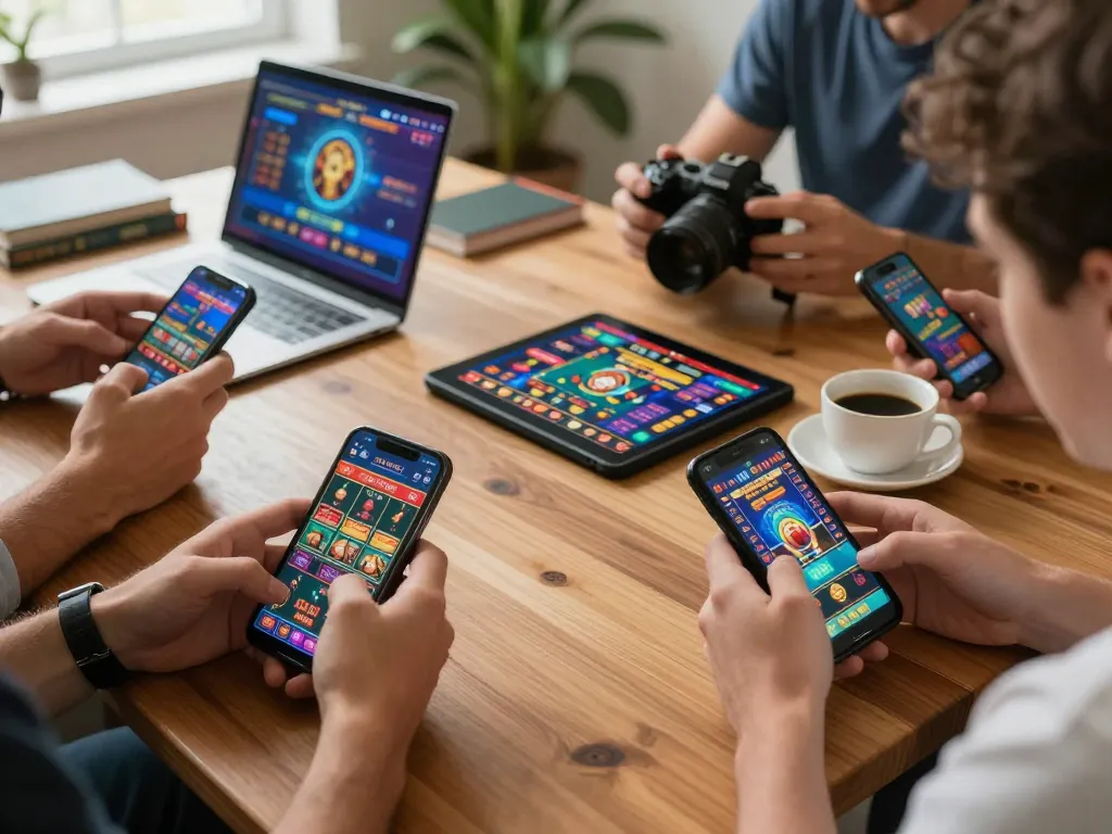 Players enjoying interactive 88i gaming experience on smartphones and tablets in a cozy setting.