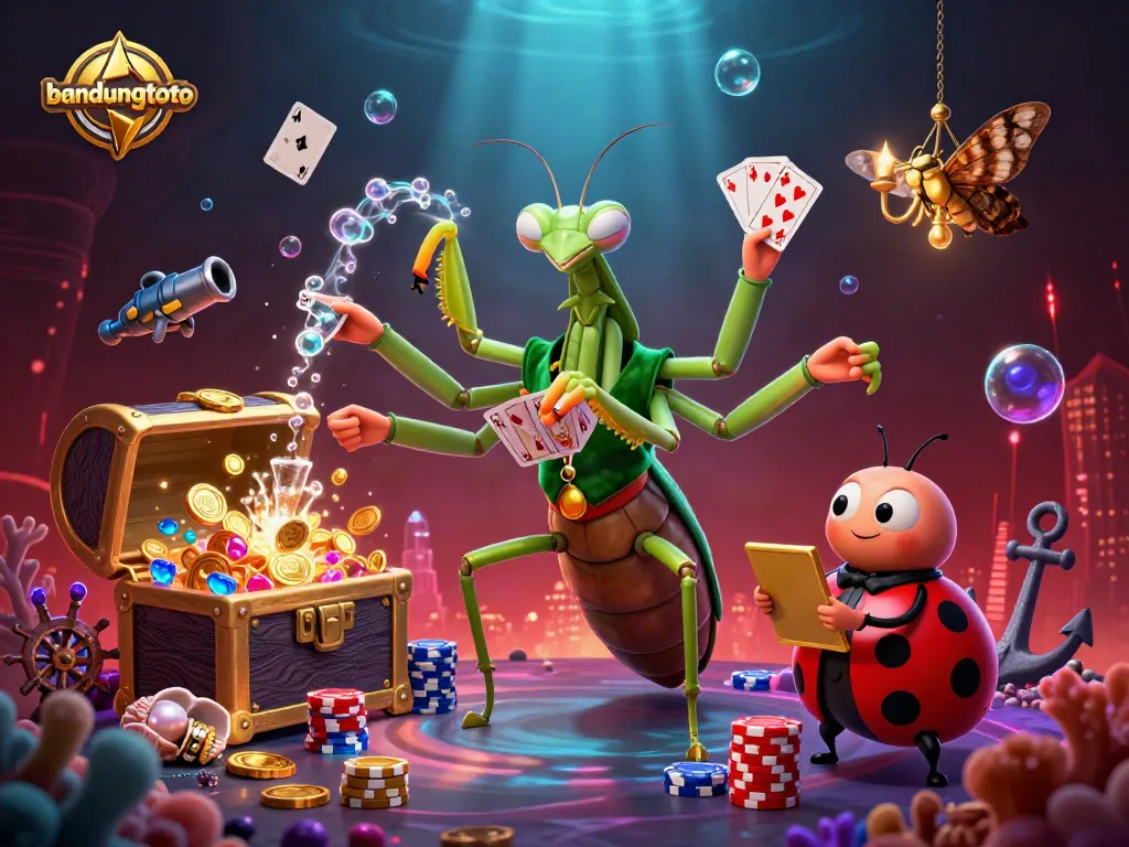 Experience the excitement of bandungtoto with engaging card games and vibrant casino elements in a colorful illustration.