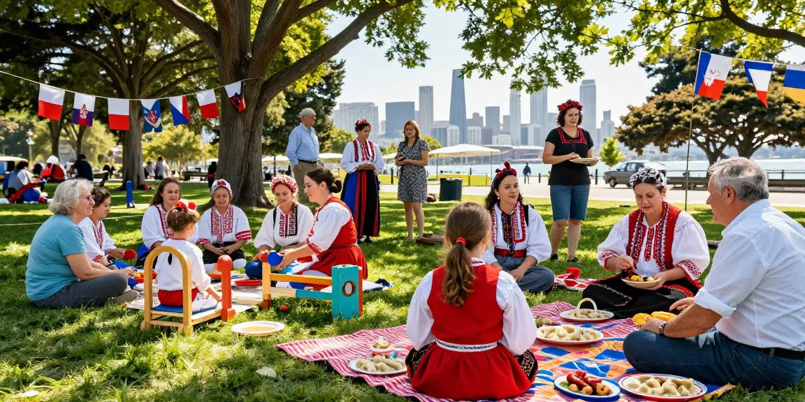 Community gathering of Polish nationals in San Francisco at https://www.sfpol.com/ enjoying traditional food and games.