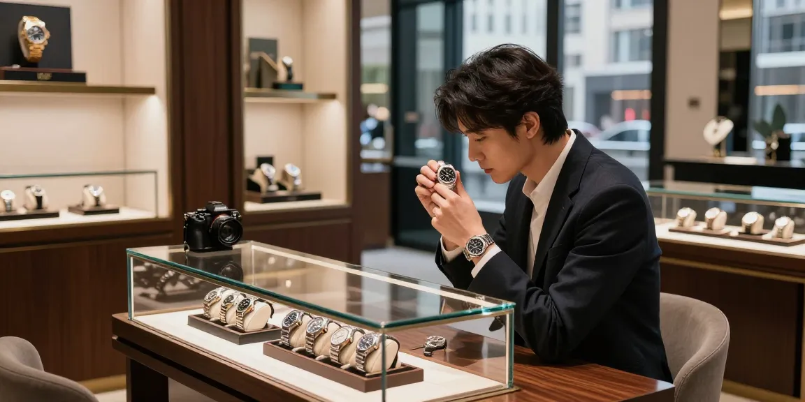 Detail focused on a luxury replica watch collection, showcasing super clone timepieces in an upscale boutique, perfect for replica watch enthusiasts.