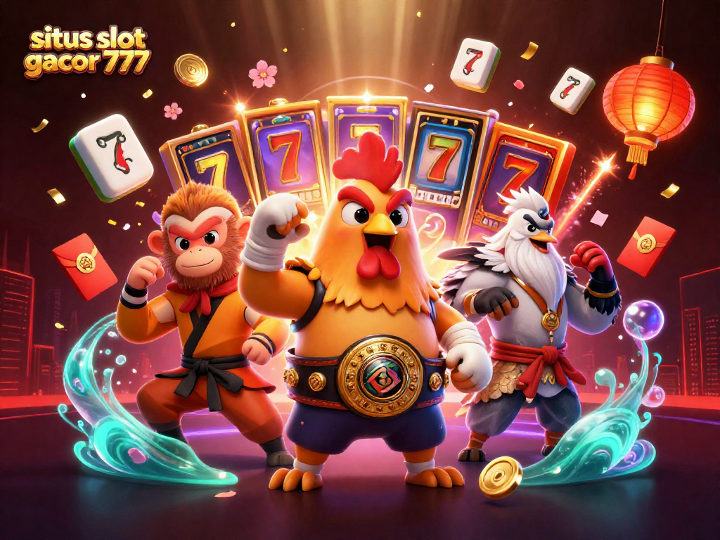 Situs slot gacor 777 illustration featuring a lively scene with Muay Thai rooster and Shaolin monkey amid casino elements.