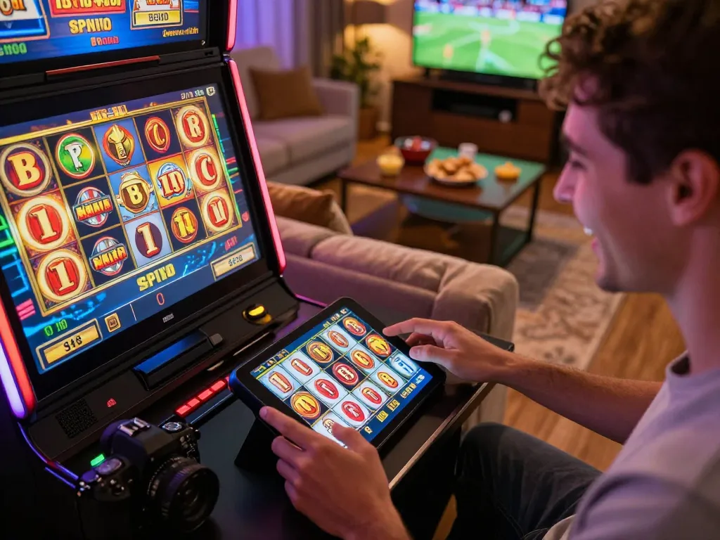 IDNSCORE player enjoying thrilling online slot games at home, tapping spin button excitedly.