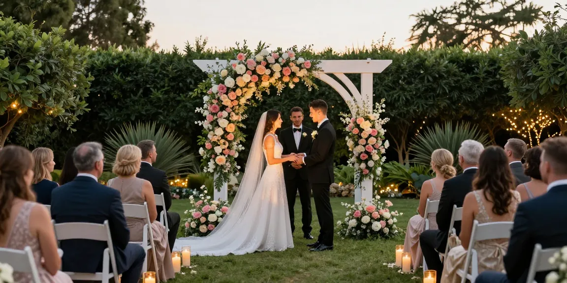 rokok88 religious wedding venue where a couple exchanges vows in a beautifully decorated garden.