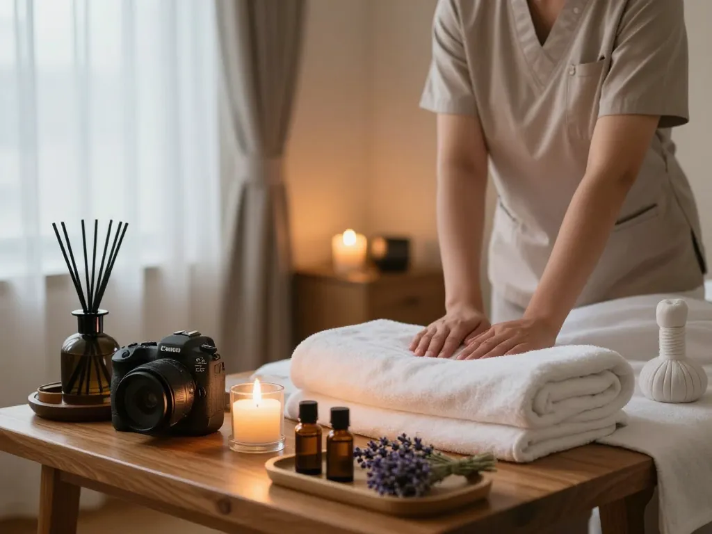 Relaxing massage therapy room in 역삼동마사지 featuring calming candles and essential oils.
