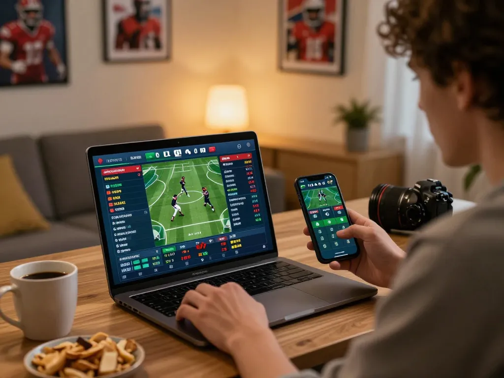 Engaging in responsible sports betting on UGDEWA with live odds displayed on smartphone in cozy home office.