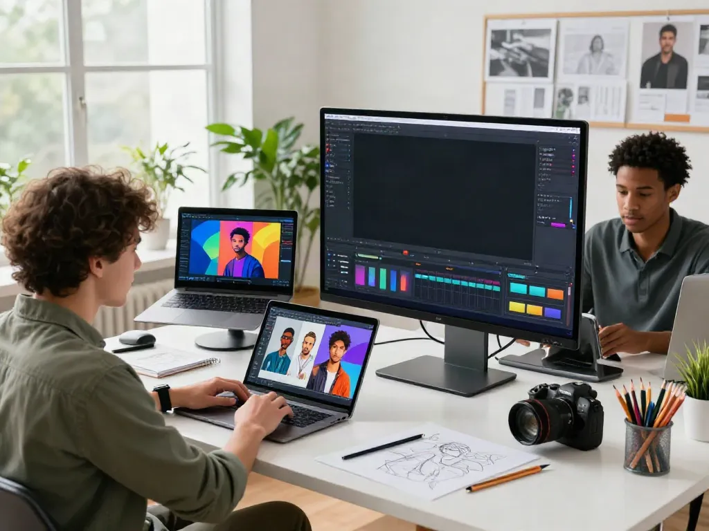 Typeshutter workspace with professionals creating AI visuals, showing collaboration and creativity.