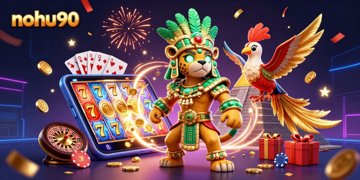 Nohu90 casino illustration showing a Mayan jaguar priest and gambling elements for immersive gameplay.