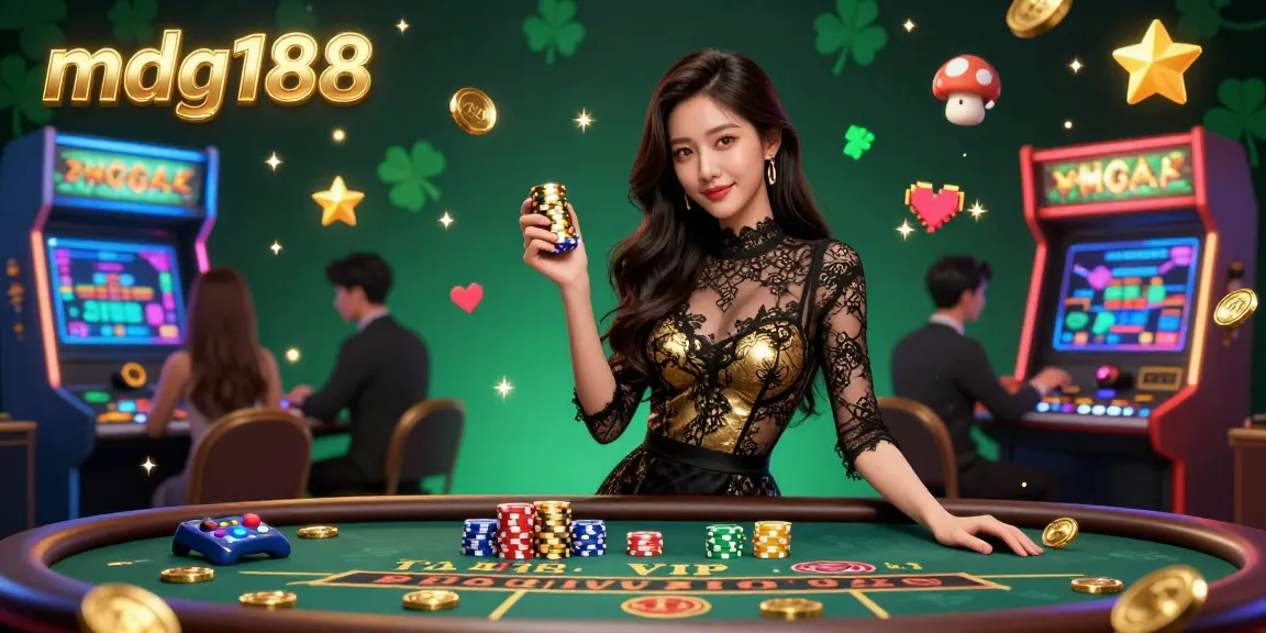Experience the vibrant games on mdg188 with a glamorous player at a VIP baccarat table amidst dynamic casino elements.