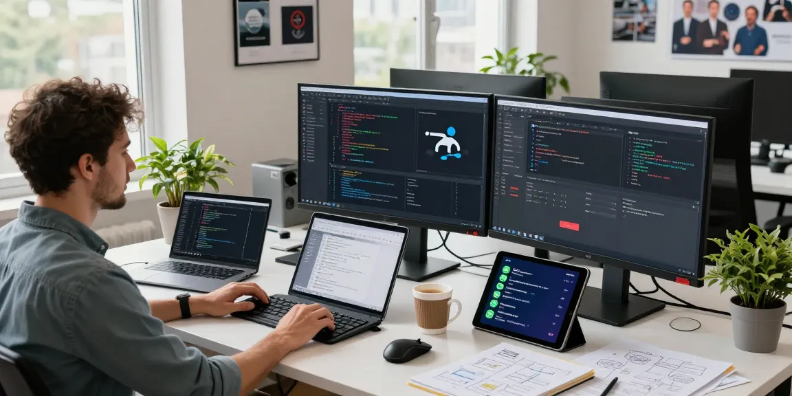 developer showcasing clawbot integration in a tech workspace with dual monitors